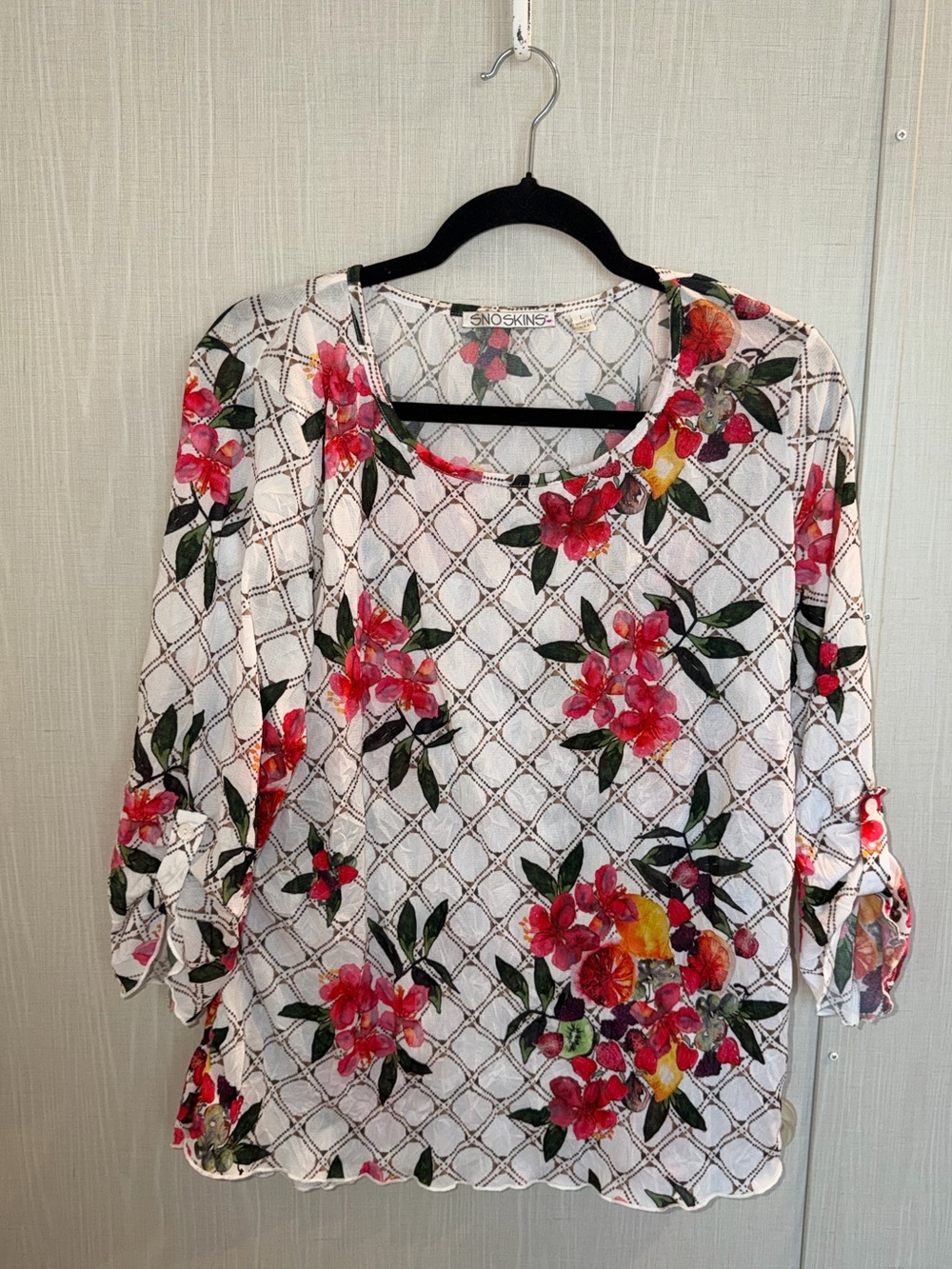 SnoSkins Artsy Crinkle Boho Shirt, 3/4 Sleeve Bright Multicolor Women’s L